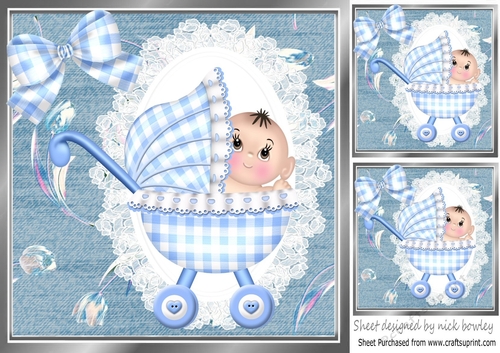 sweet baby boy in a gingham pram with lace and blue bow 8x8 