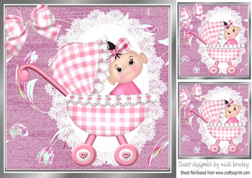 sweet baby girl in a gingham pram with lace and pink bow 8x8