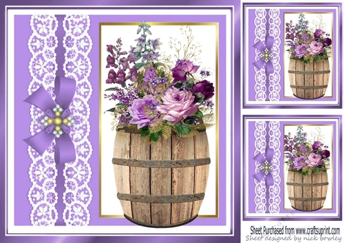 purple flowers in a barrel with lace and bow with window 8x8 card front frame