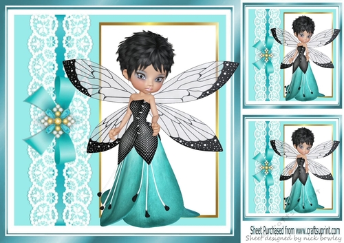 Turq with lace border and bow with window and faerie 8x8 card front frame
