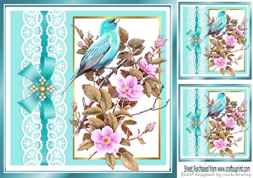 Turq with lace border and bow with bird and flowers 8x8 card front 