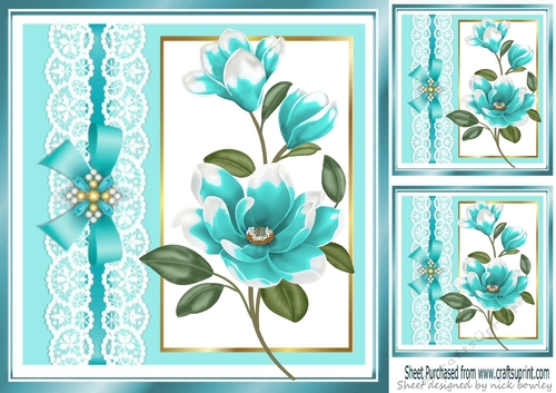 Turq with lace border and bow with turq magnolias 8x8 card front