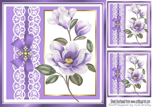 purple with lace border and bow with purple magnolias 8x8 card front