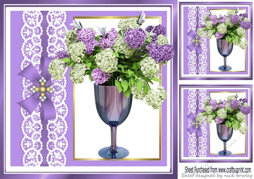 purple with lace border and bow with purple flowers 8x8 card front