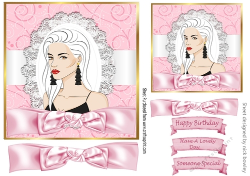 Pretty lady in pink scroll frame with bow 7x7 topper