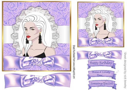 Pretty lady in purple scroll frame with bow 7x7 topper