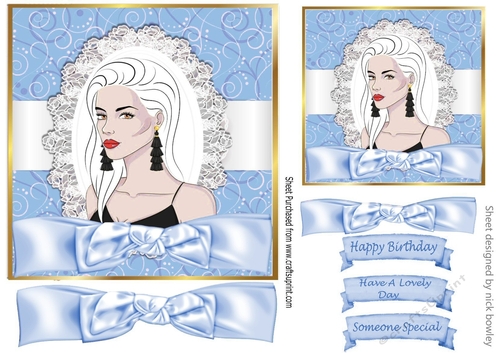 Pretty lady in blue scroll frame with bow 7x7 topper