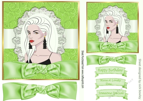 Pretty lady in green scroll frame with bow 7x7 topper
