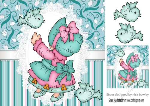 Sweet bonnet girl with blue birds on lace 8x8