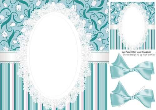 Pretty turq stripe/floral and lace card front 8x8