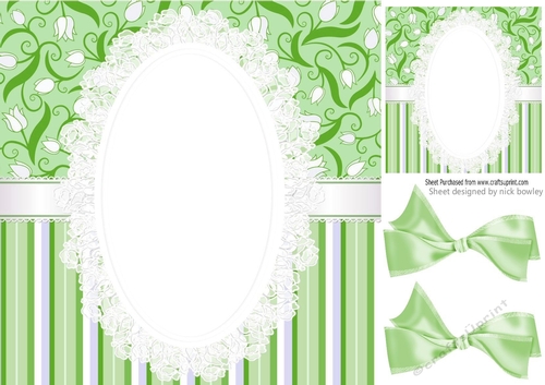 Pretty green stripe/floral and lace card front 8x8