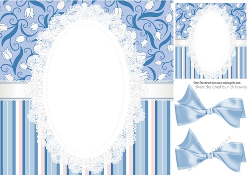 Pretty blue stripe/floral and lace card front 8x8