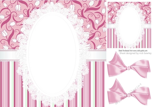 Pretty pink stripe/floral and lace card front 8x8