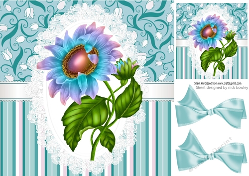 Pretty turq stripe/floral and lace card front with rainbow sunflower 8x8