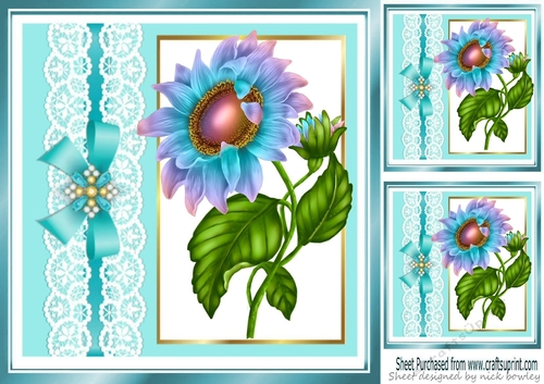 Turq with lace border and bow with rainbow sunflower 8x8 card front
