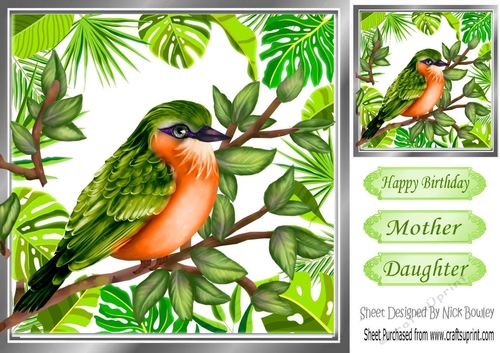 Pretty green tropical bird with leaves 8x8