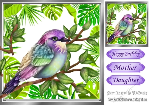 Pretty purple tropical bird with leaves 8x8