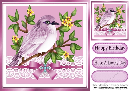 pretty pink bird on a branch with lace and bow 8x8