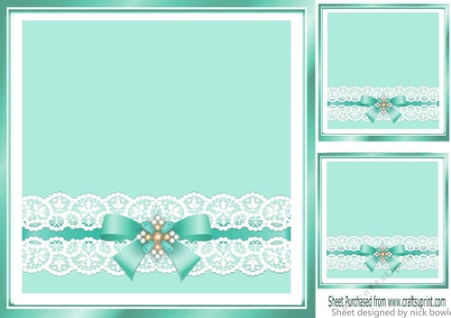 pretty turq with lace border and pearls bow 8x8 card front