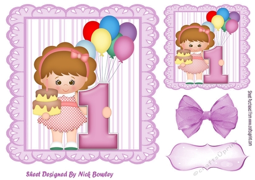 Birthday girl with balloons lilac bow (AGE 1) 7x7