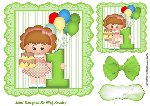 Birthday girl with balloons green bow (AGE 1) 7x7