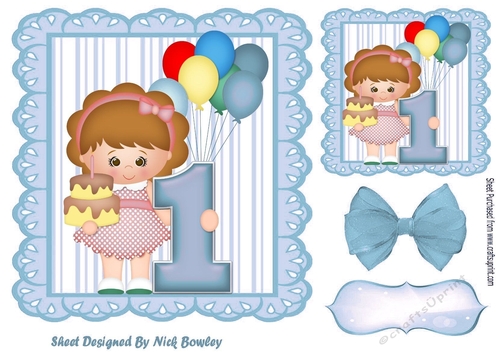 Birthday girl with balloons blue bow (AGE 1) 7x7