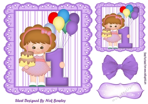 Birthday girl with balloons purple bow (AGE 1) 7x7