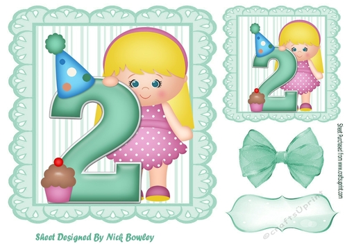 Birthday girl with turq bow and cupcake (AGE 2) 7x7