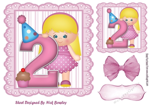 Birthday girl with pink bow and cupcake (AGE 2) 7x7