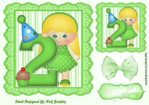 Birthday girl with green bow and cup cake (AGE 2) 7x7