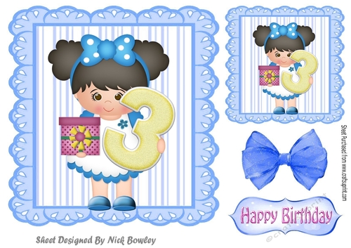 Birthday girl with present and blue bow (AGE 3) 7x7