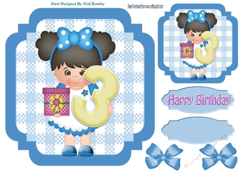 Birthday girl with present and blue bow and gingham (AGE 3) 7x7