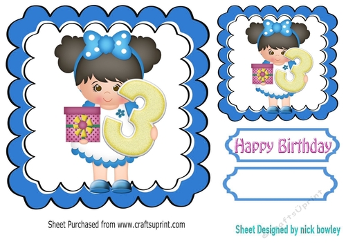 Birthday girl with present and blue bow blue wavy (AGE 3) 7x7
