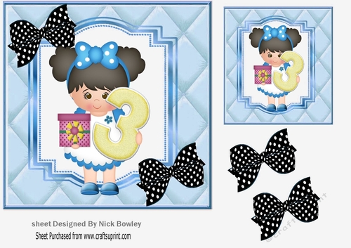 Birthday girl with present and black dot bows (AGE 3) 7x7