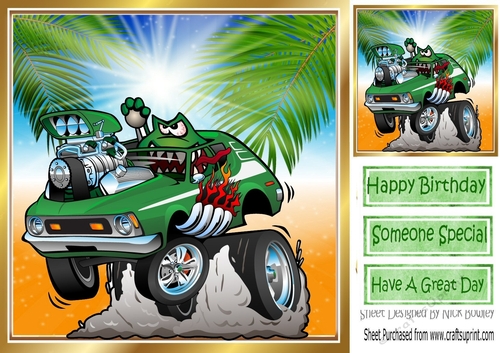 70s green hot rod funny car with palm trees 8x8
