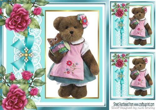 Turq with lace border and bow with teddy bear and roses 8x8 card front