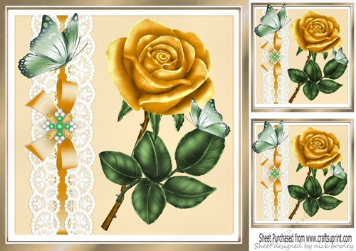 Pretty gold rose with butterflies and lace 8x8
