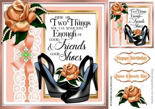 pretty peach rose, lace bow and shoes 8x8 card front