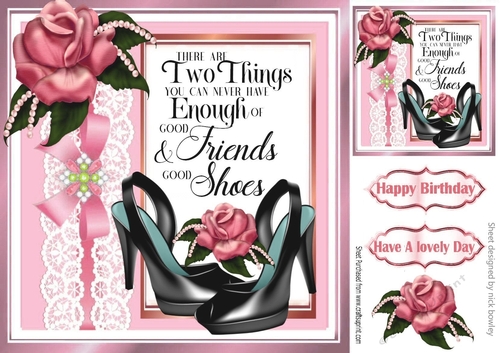 pretty pink rose, lace bow and shoes 8x8 card front