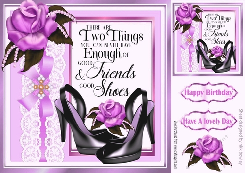 pretty lilac rose, lace bow and shoes 8x8 card front
