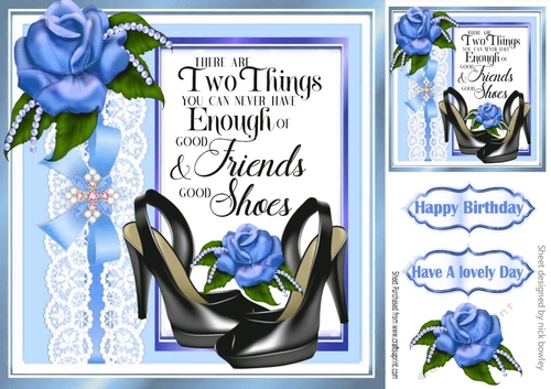 pretty blue rose, lace bow and shoes 8x8 card front