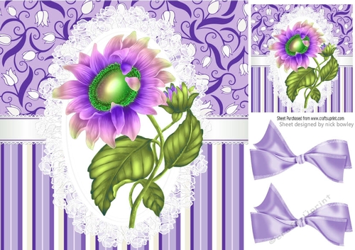 Pretty purple stripe/floral and lace card front with rainbow sunflower 8x8