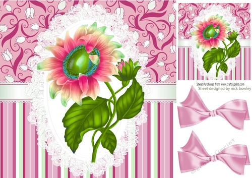 Pretty pink stripe/floral and lace card front with rainbow sunflower 8x8