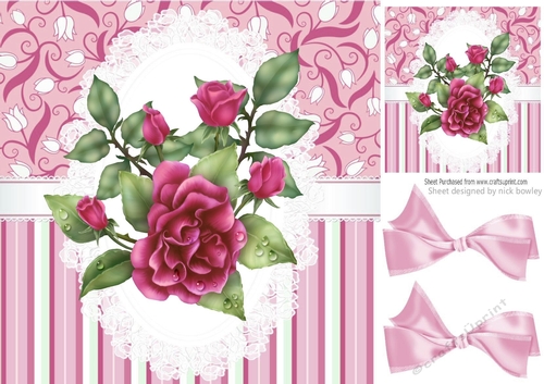 Pretty pink stripe/floral and lace card front with pretty roses 8x8