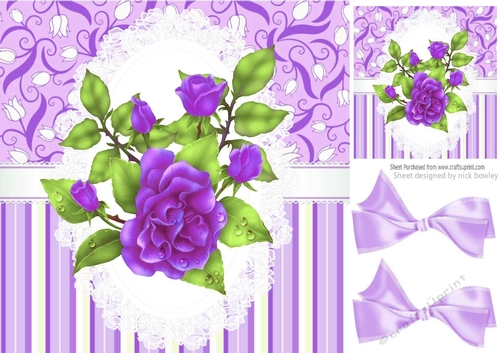 Pretty purple stripe/floral and lace card front with pretty roses 8x8