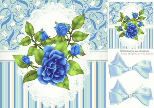 Pretty blue stripe/floral and lace card front with pretty roses 8x8