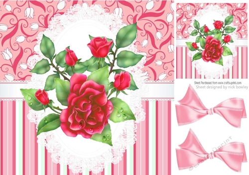 Pretty red stripe/floral and lace card front with pretty roses 8x8