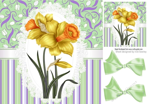 pretty daffodils on lace green floral purple/stripe 8x8