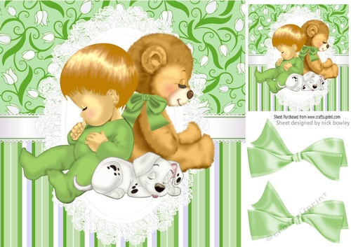 Cute little baby, teddy bear and dalmation green stripe 8x8