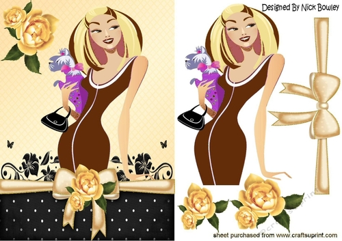 Pretty Artwork lady with puppy in brown A5